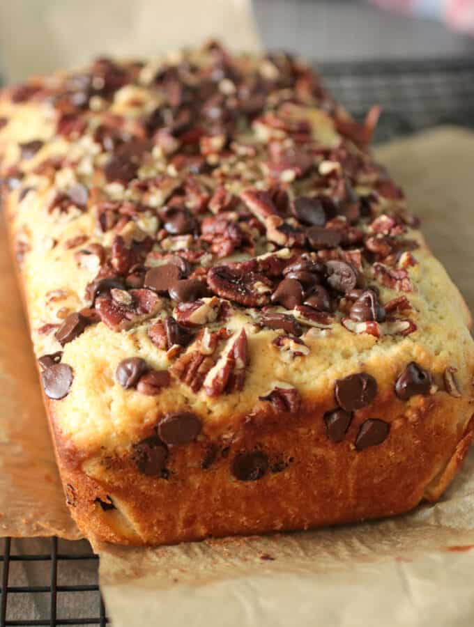 Close up of Chocolate chip and Pecan Quick Bread.