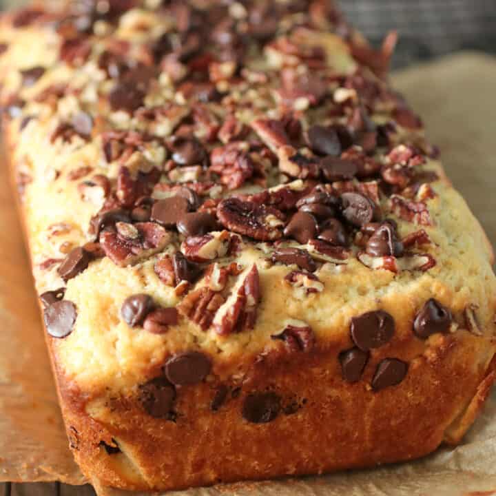 Close up of Chocolate chip and Pecan Quick Bread.