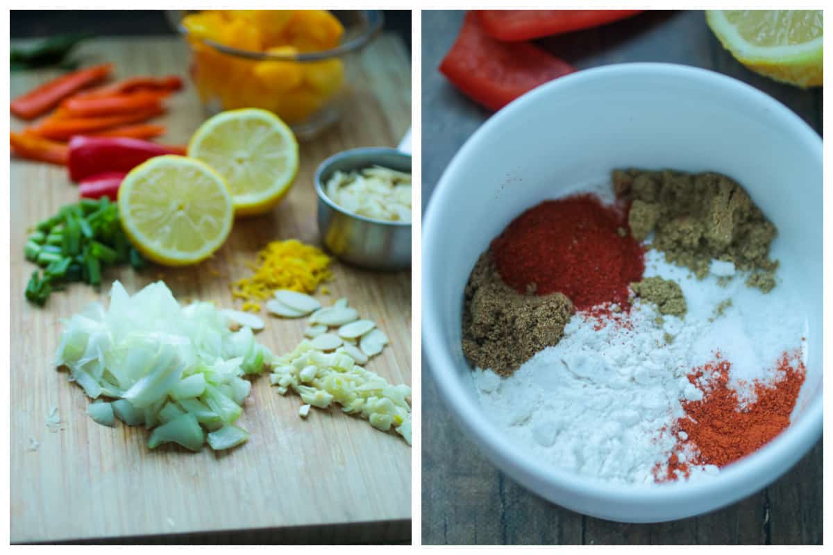 Left, the ingredients for the lemon quinoa. Right, the ingredients for the salmon seasoning.