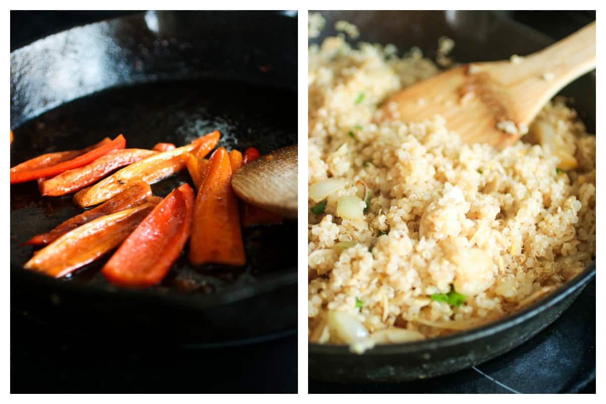 Cooking the sweet pepper, then the quinoa in a skillet.