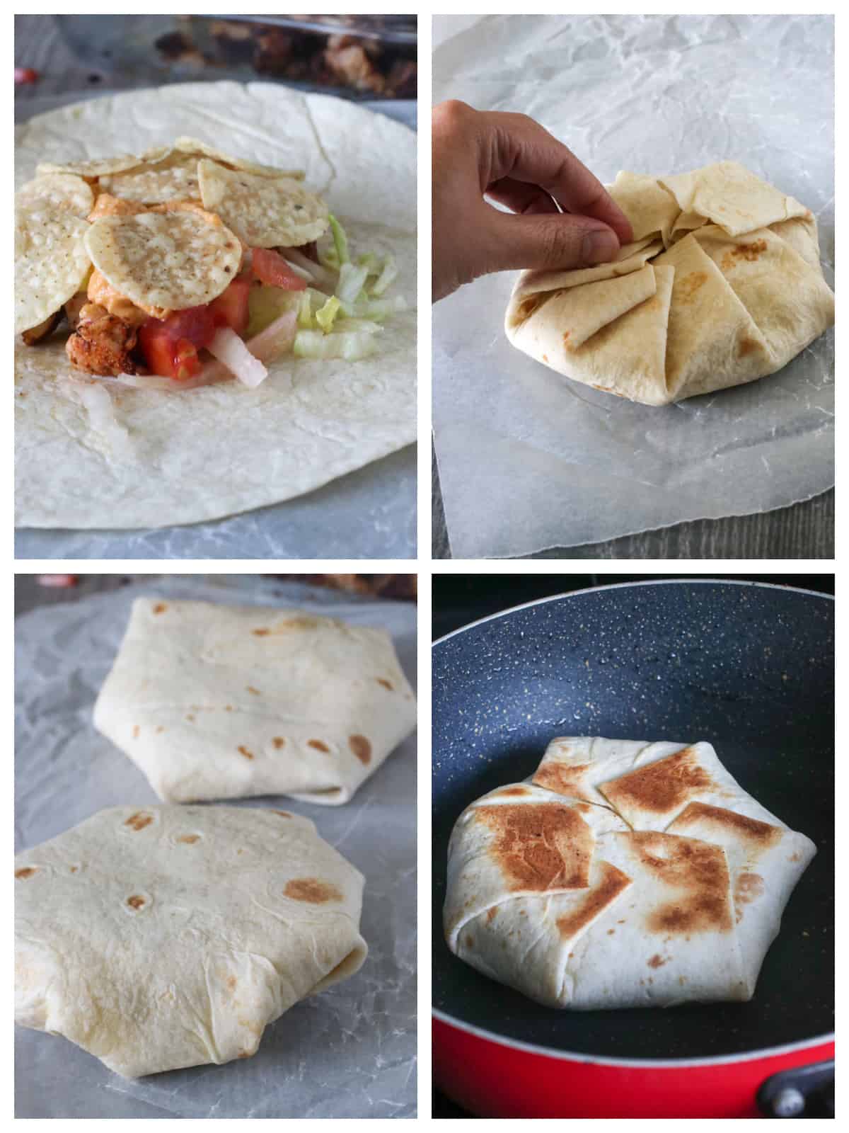 Assembly of the chicken crunch wrap.