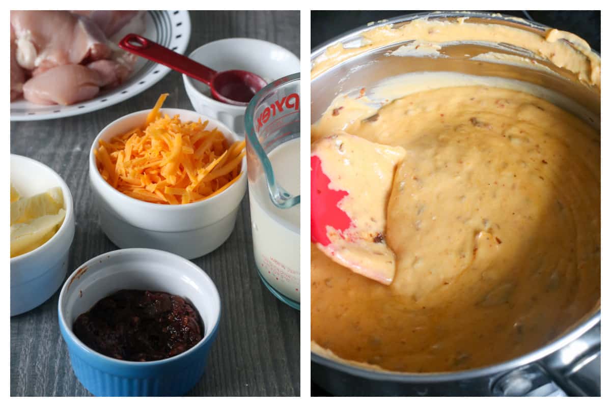 The ingredients for the chipotle cheese (left), and the finished chipotle cheese (right).