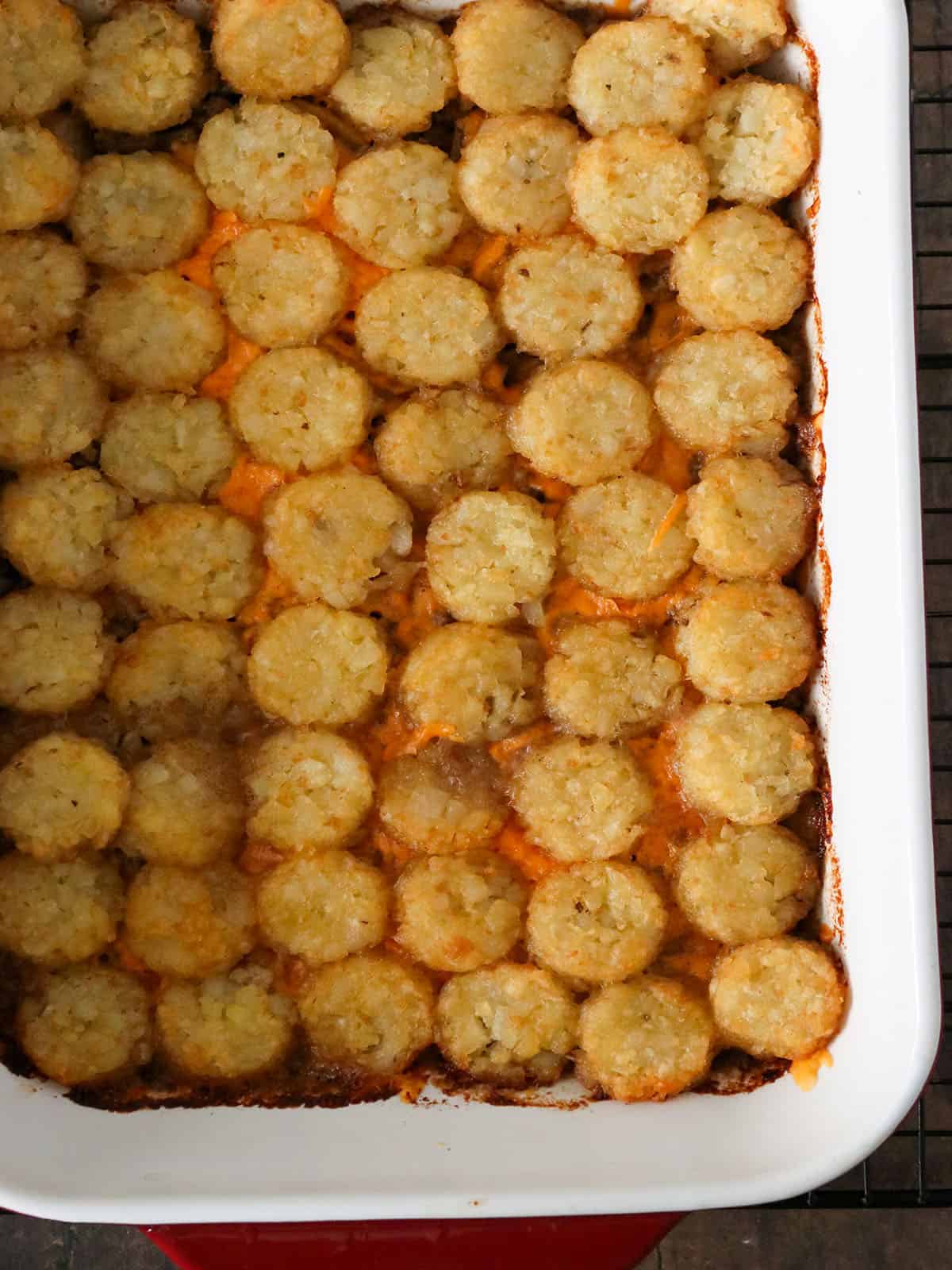 Top shot of tater tots with gravy casserole.