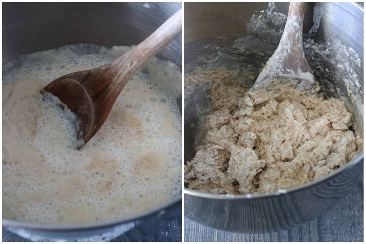 A collage showing the process of mixing the dough ingredients (left) and forming a shaggy dough ( right).