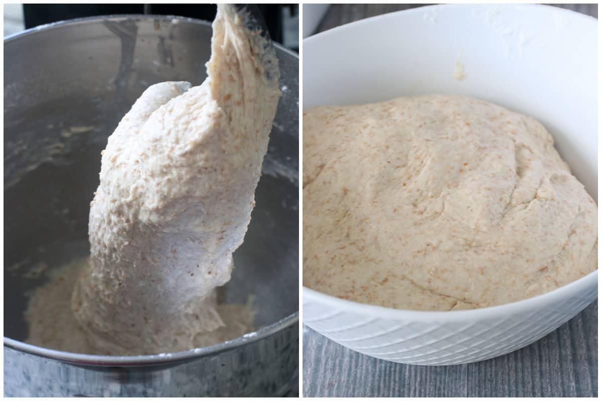 A collage showing the kneaded dough in the stand mixer (left), and the dough ready for its first rise in the bowl (right).