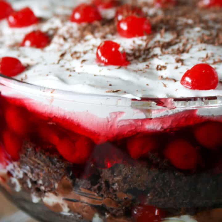 Close up shot of black forest trifle cake.