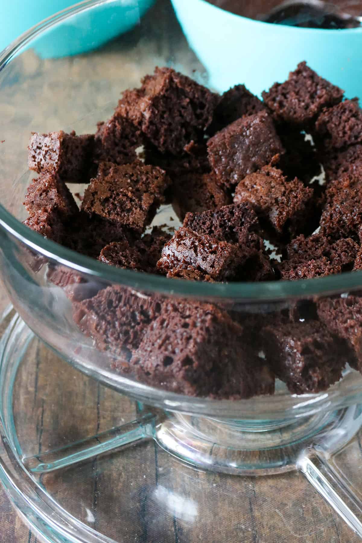 The chocolate cake cubes at the bottom of the bowl.