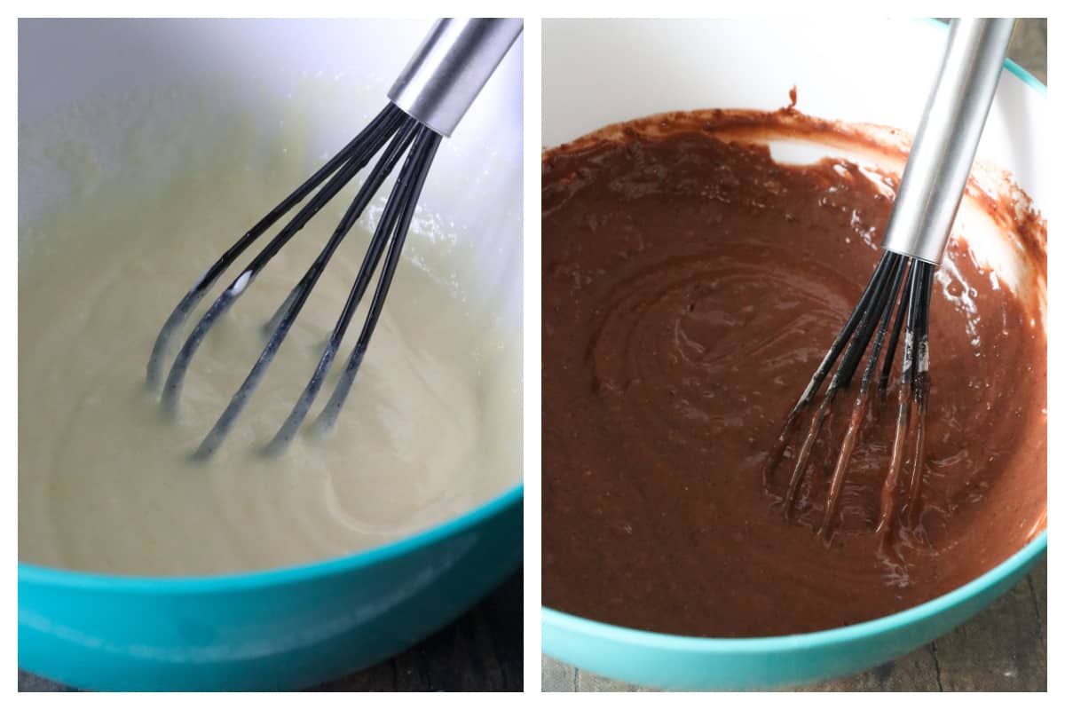 Making the vanilla and chocolate pudding.