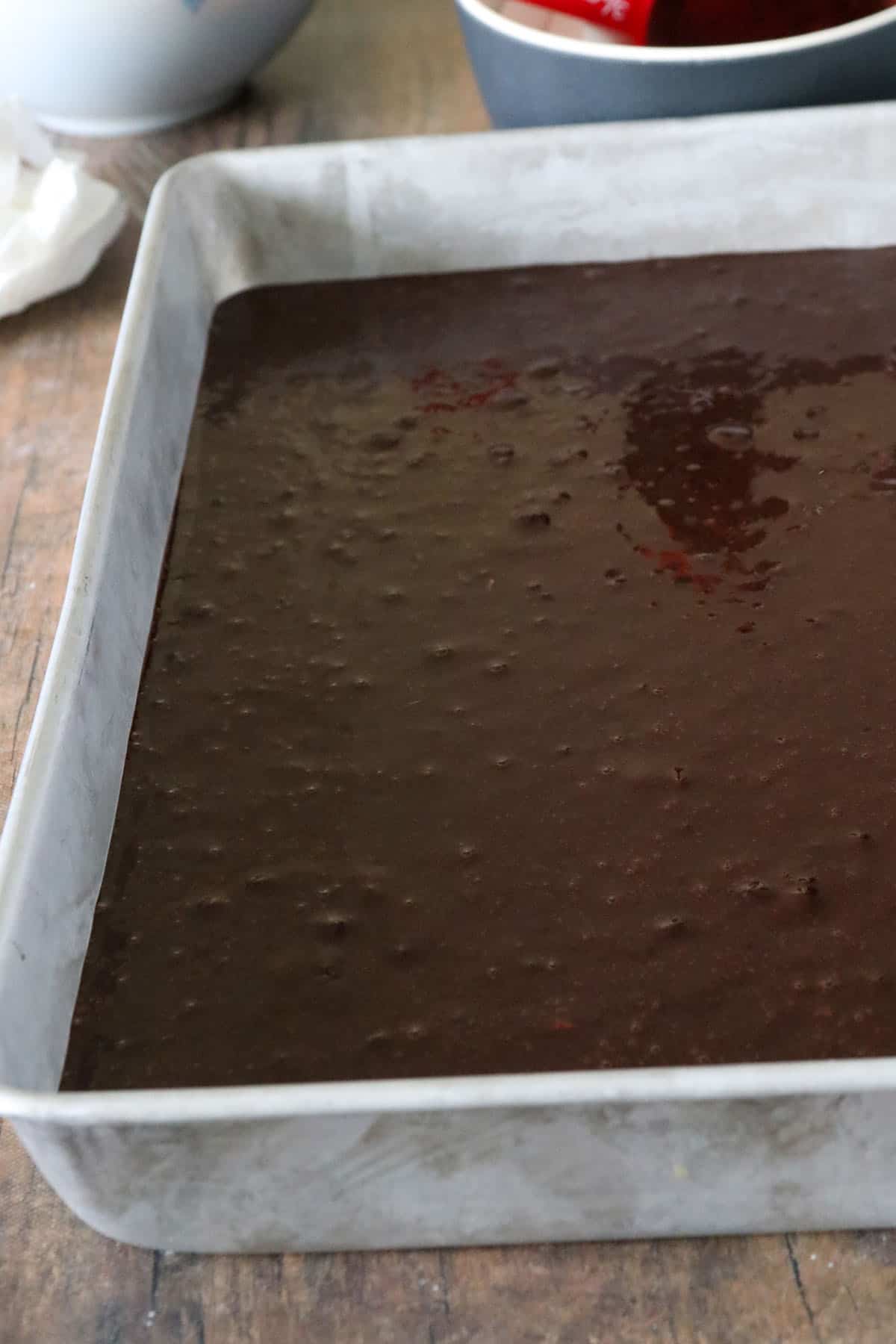 The chocolate cake batter in a pan.
