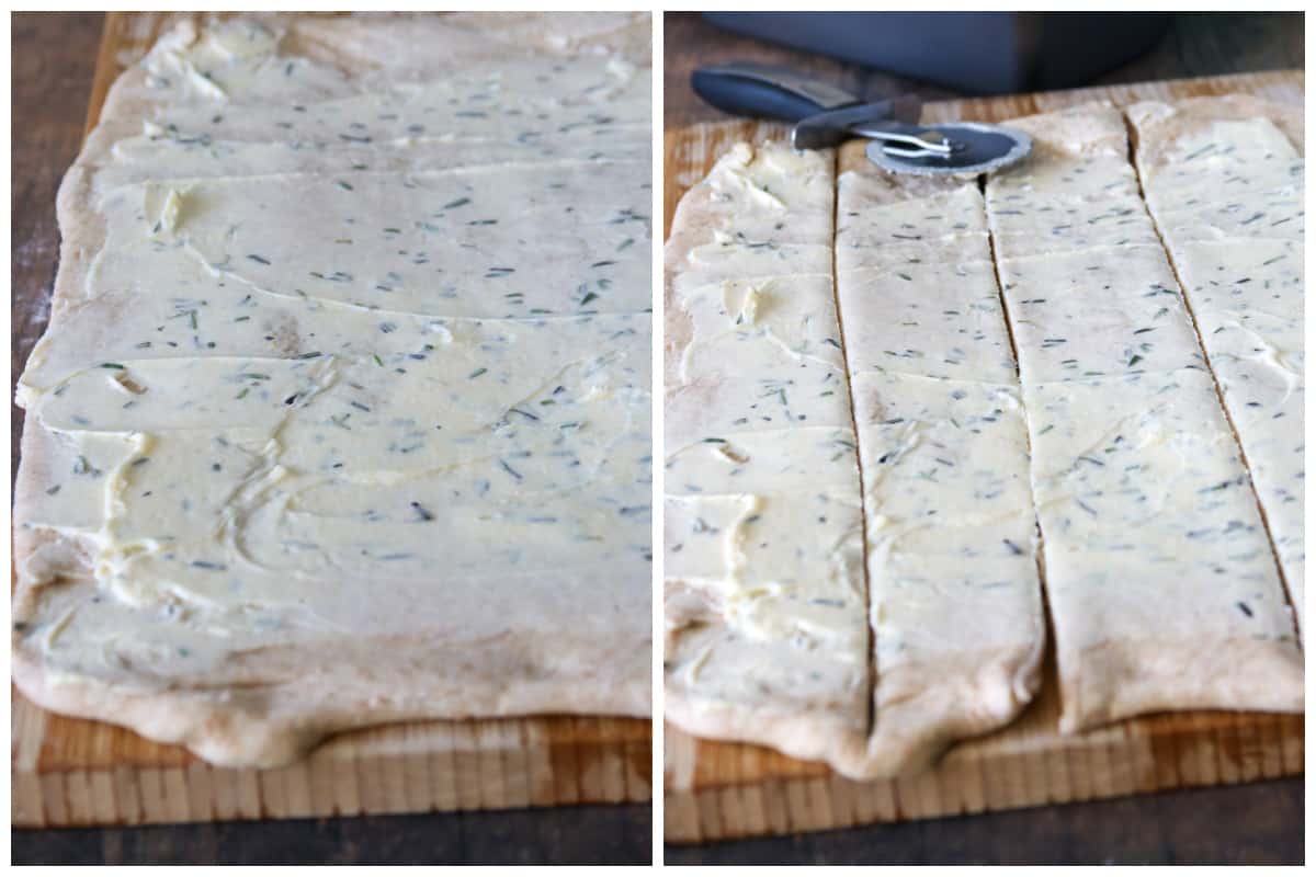 (Left) Spreading the filling over the dough. (Right) Cutting the dough into long strips.