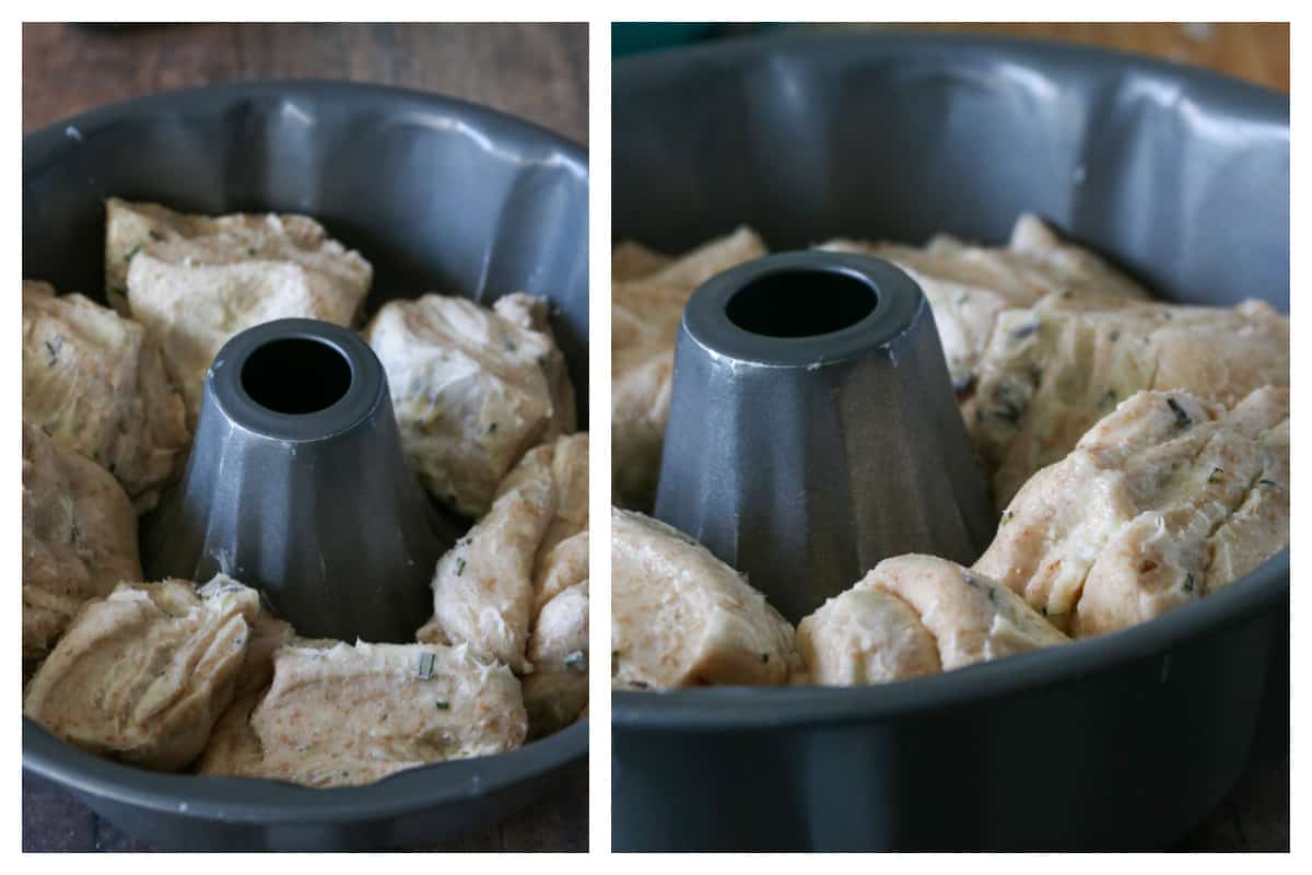 The pull apart bread before and after the second rise.