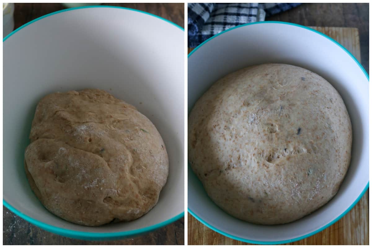 The dough in the bowl, before and after the first rise.