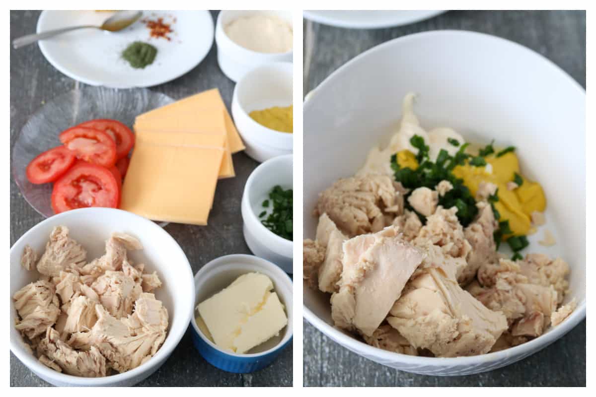 The ingredients for the Tuna Panini (left). The ingredients combined in a bowl.