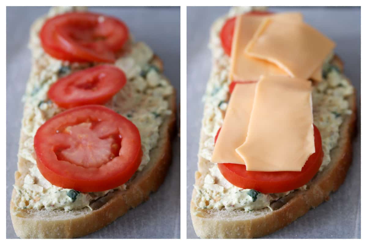 Assembling tuna grilled cheese sandwich. 