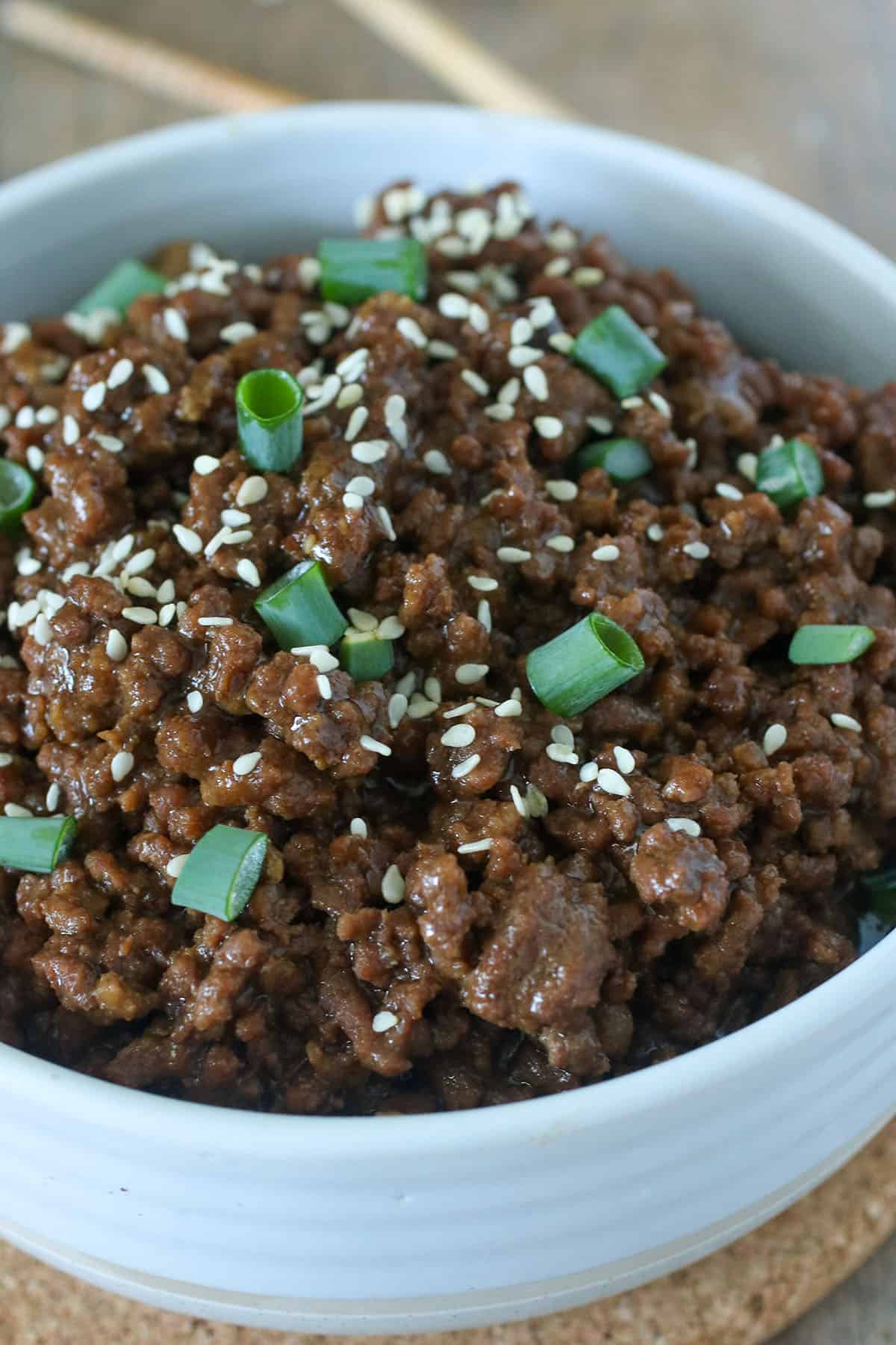 Instant Pot Korean beef in a bowl with rice.