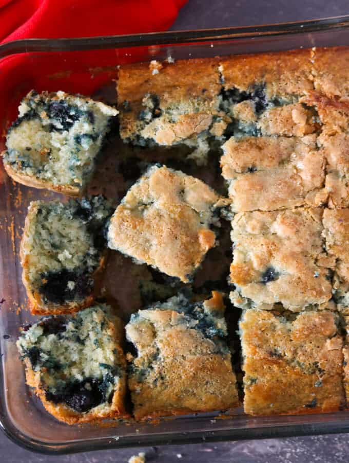 Easy Blueberry Breakfast cake in a square dish.