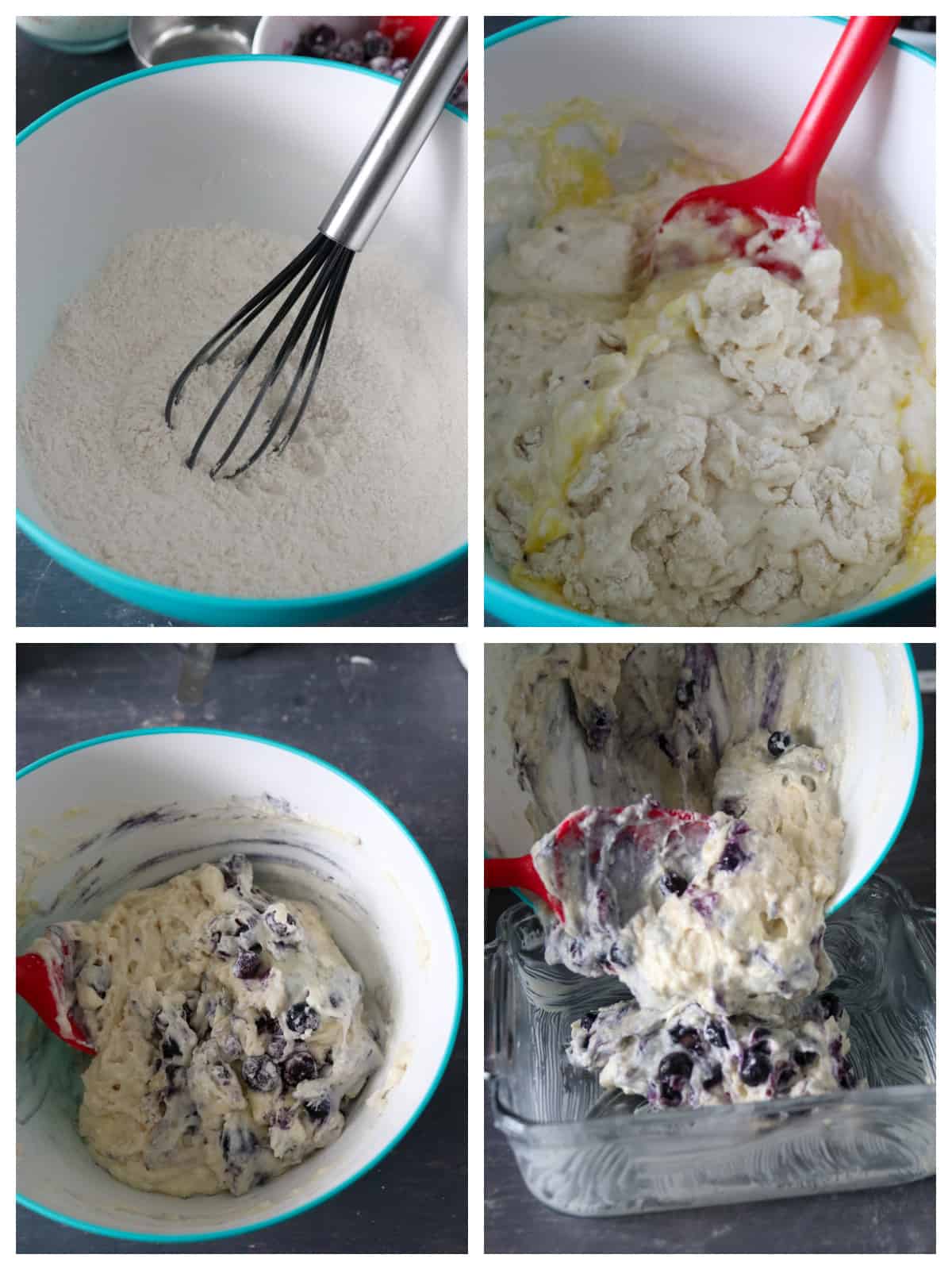 A collage showing the process of making the Blueberry cake batter.