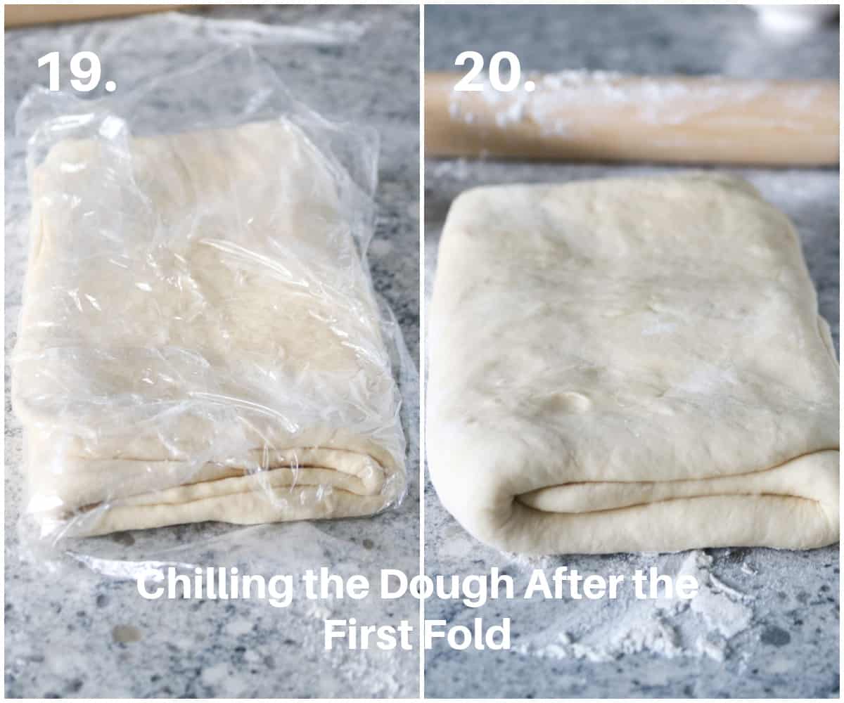 Preparing the croissant dough for chilling (left). The chilled croissant dough (right).