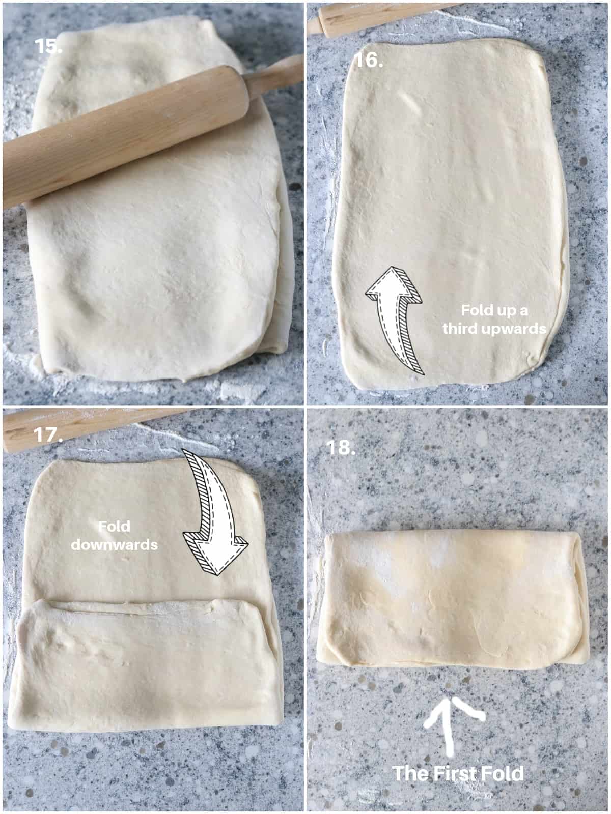 The collage showing the First fold of the croissant dough.