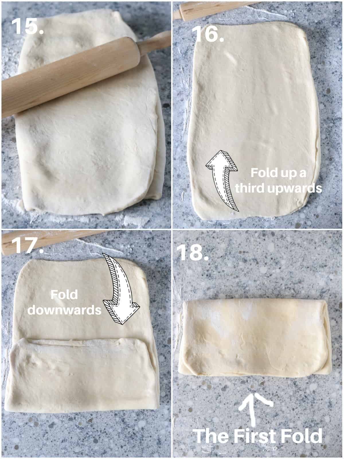 The collage for the first fold process of croissants.