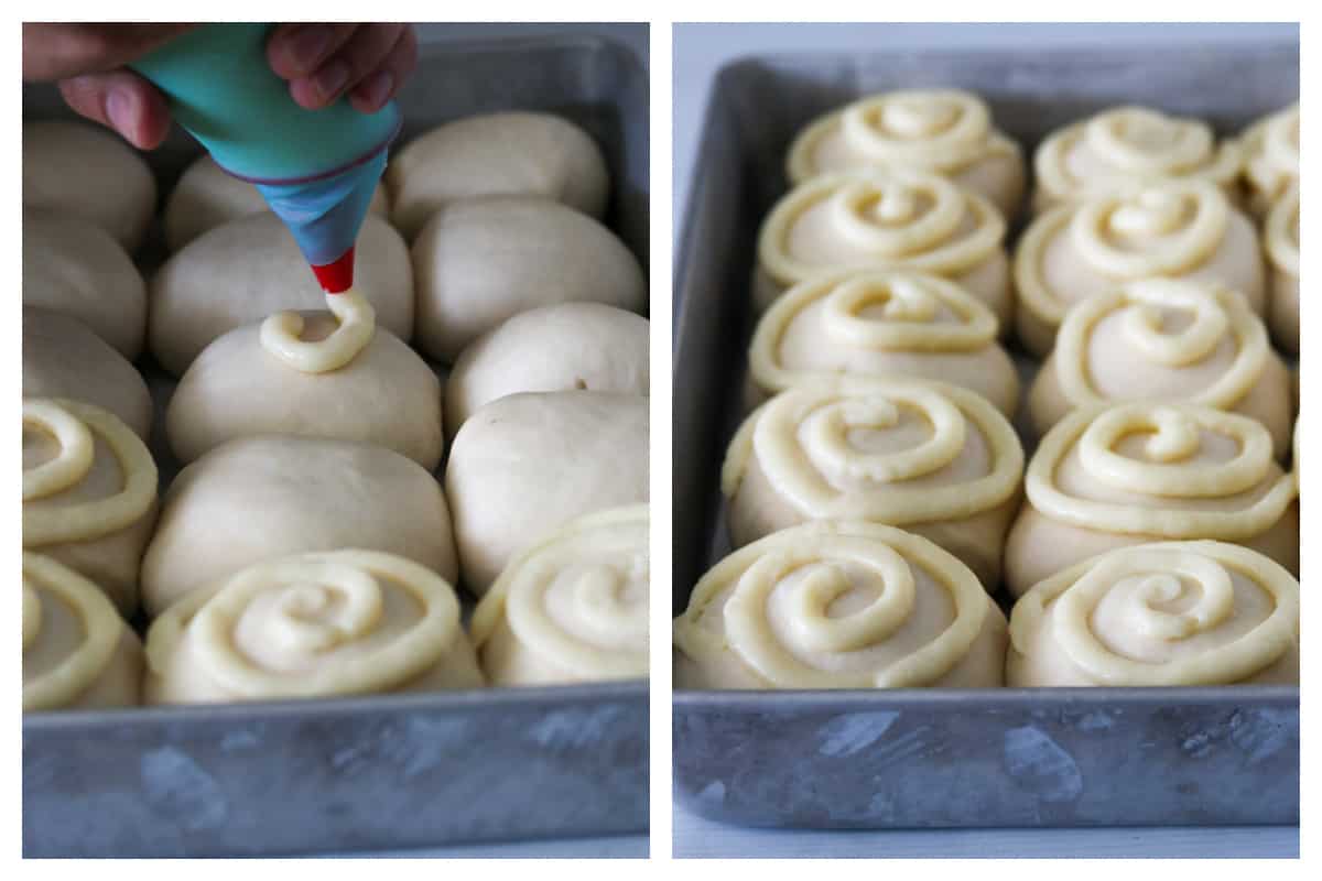 Piping the custard on the buns (left). The buns ready for baking (right).
