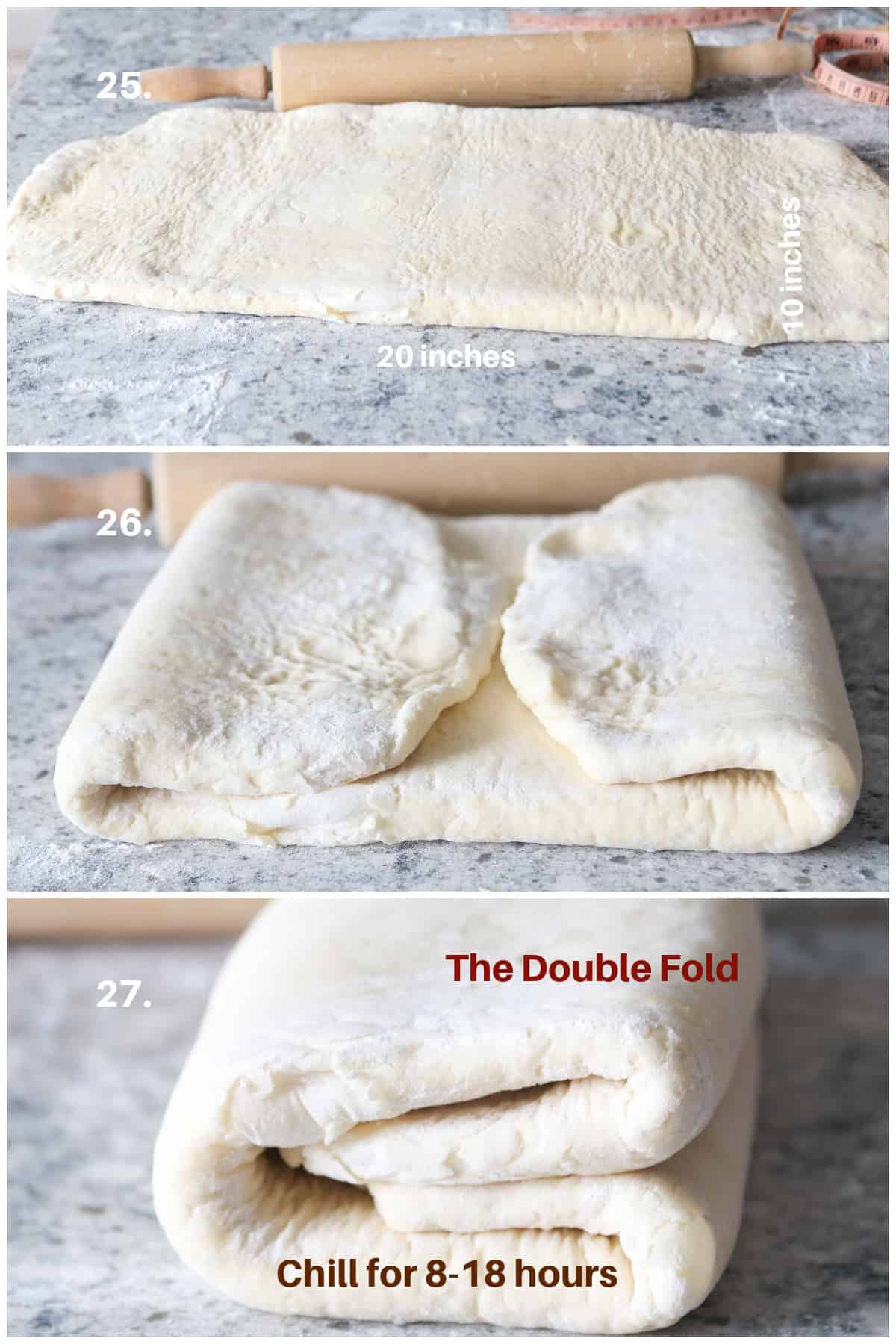 The collage showing how to do the double fold of croissant dough.