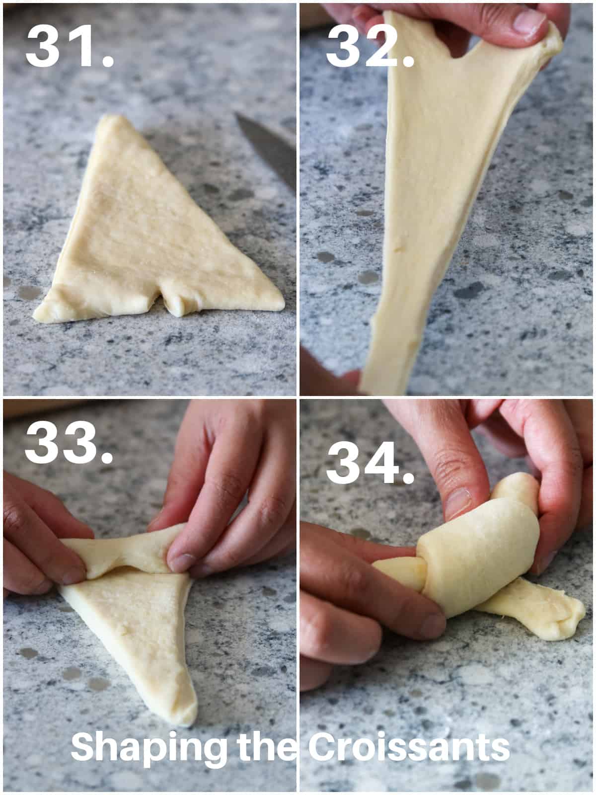A photo collage showing the process of shaping the croissant.