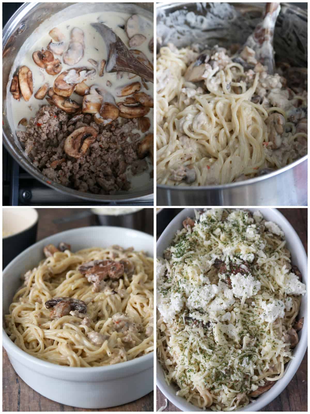 A collage showing mixing the ingredients of the pasta together. And the pasta transferred to the baking dish and topped with cheese.
