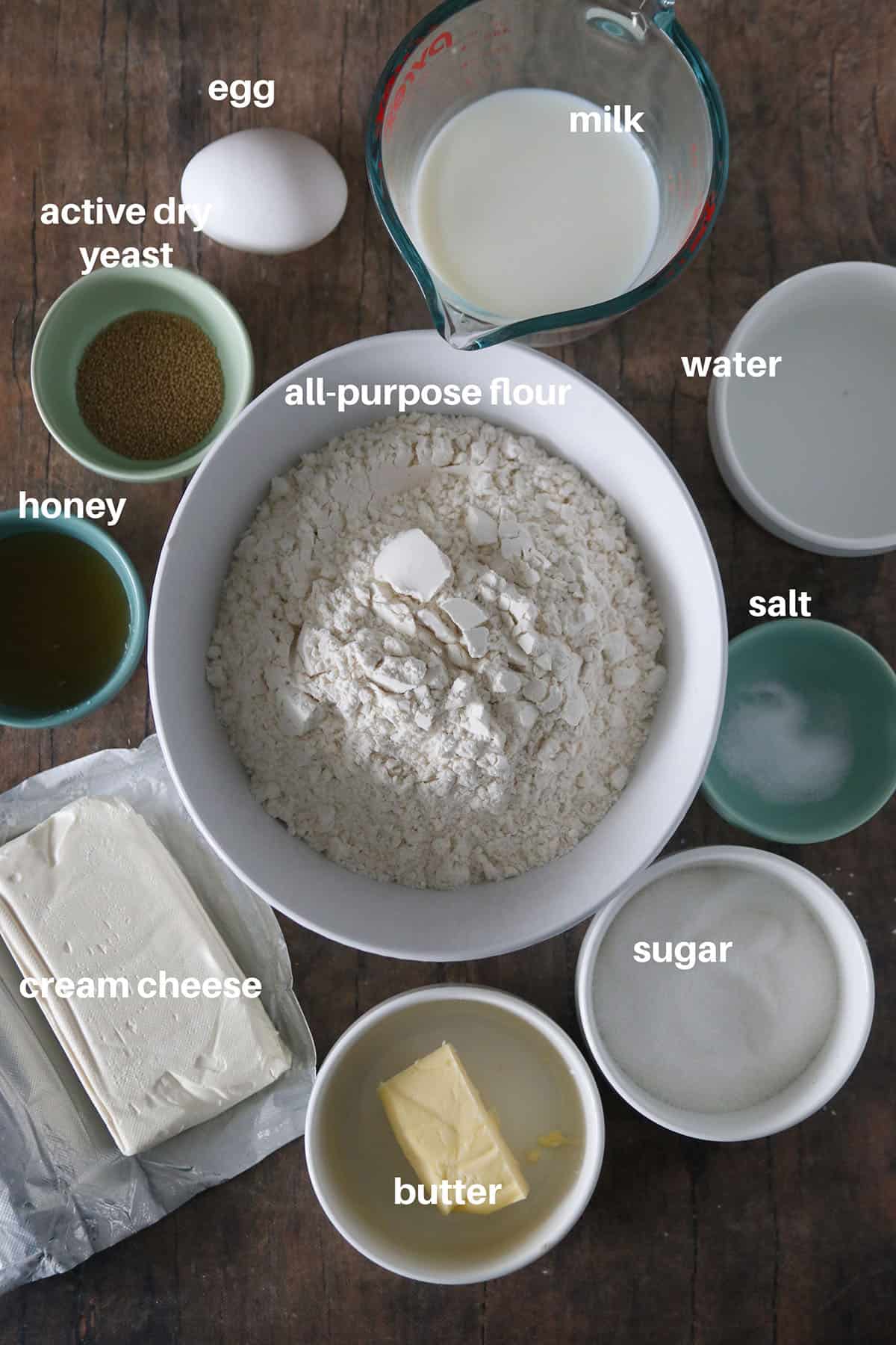 The Ingredients for cream cheese bread rolls.