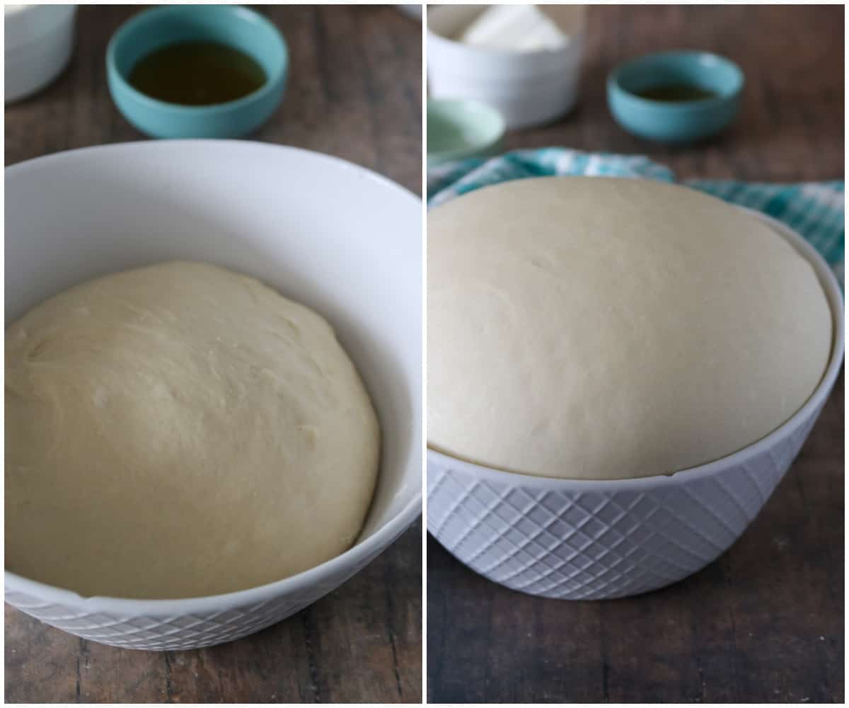 The bread dough, before and after the first rise.