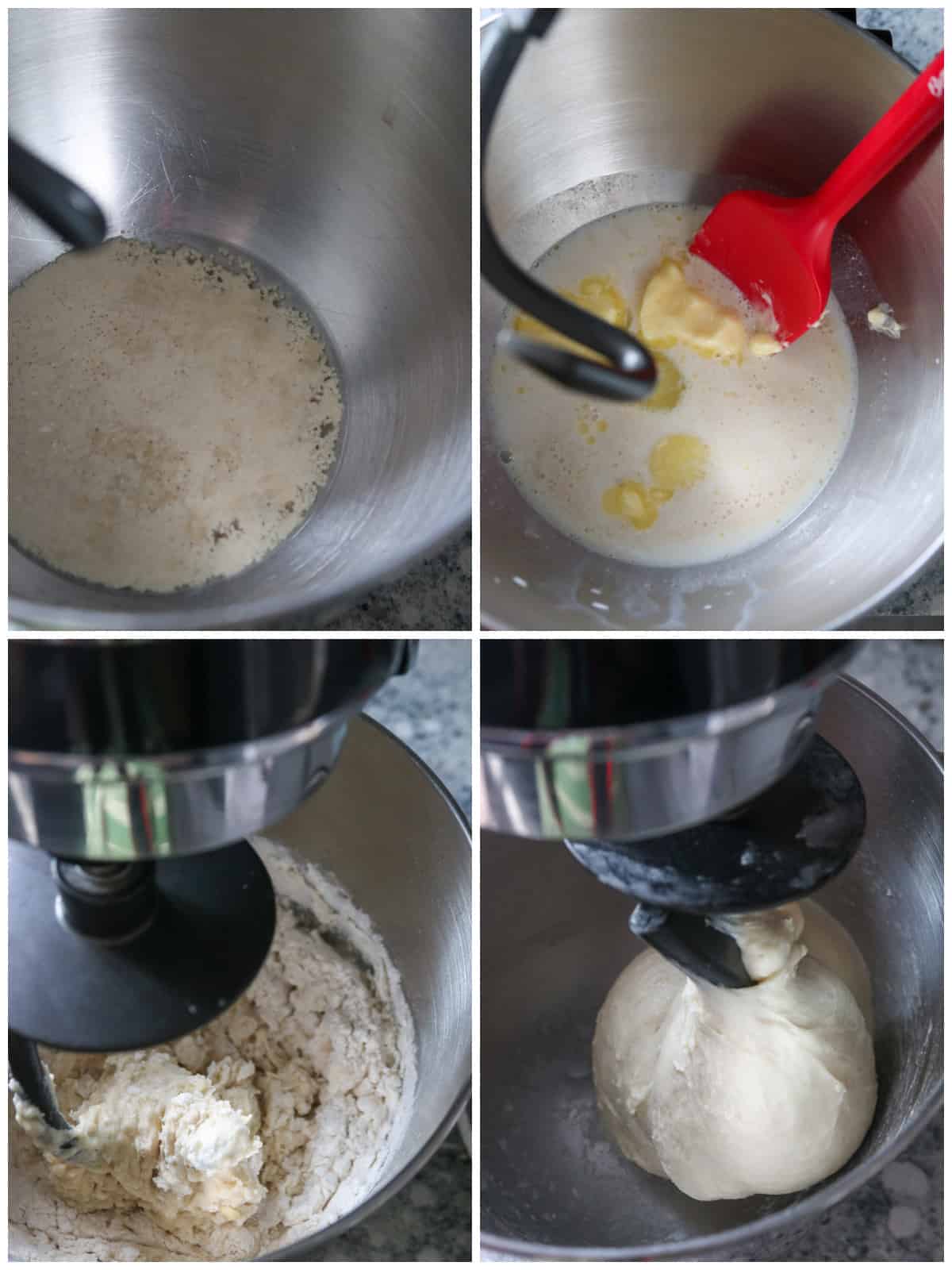 A collage showing the process of mixing the bread dough for cream cheese bread rolls.
