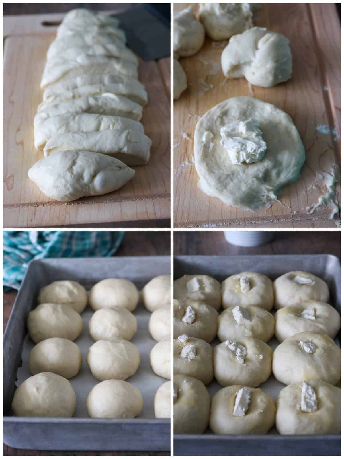 A collage showing the process of shaping the cream cheese buns.