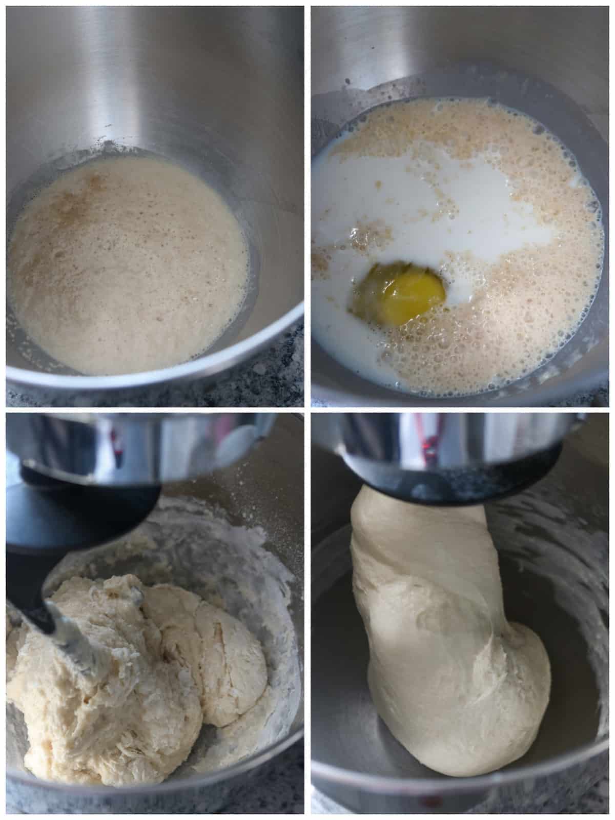 A collage showing how to mix the dough in the bowl of a stand mixer.