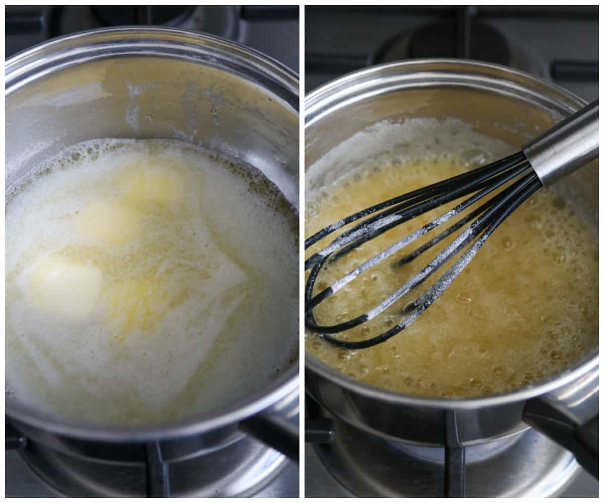 Making the honey cream filling in the stove.