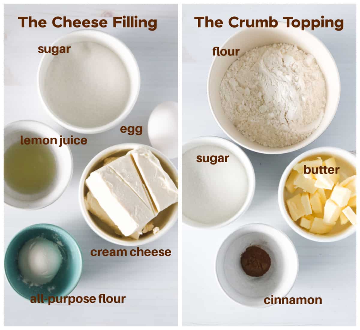 A collage showing the filling and crumb topping ingredients.