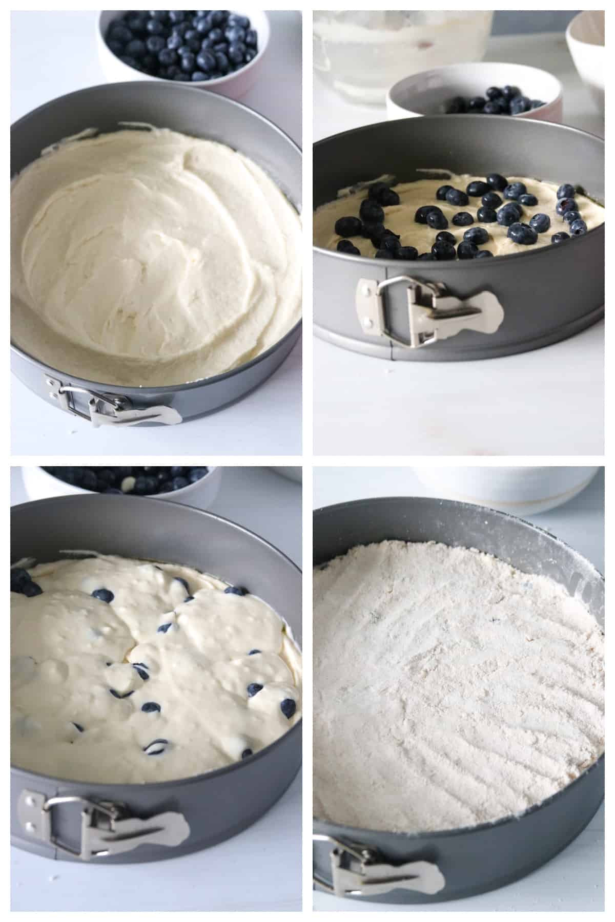 A collage showing the layering of the blueberry sour cream coffee cake components.