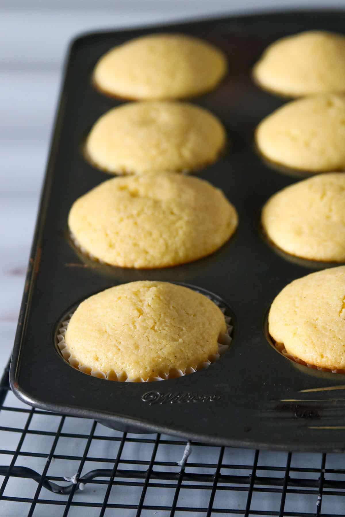 Freshly baked muffins on a pan.