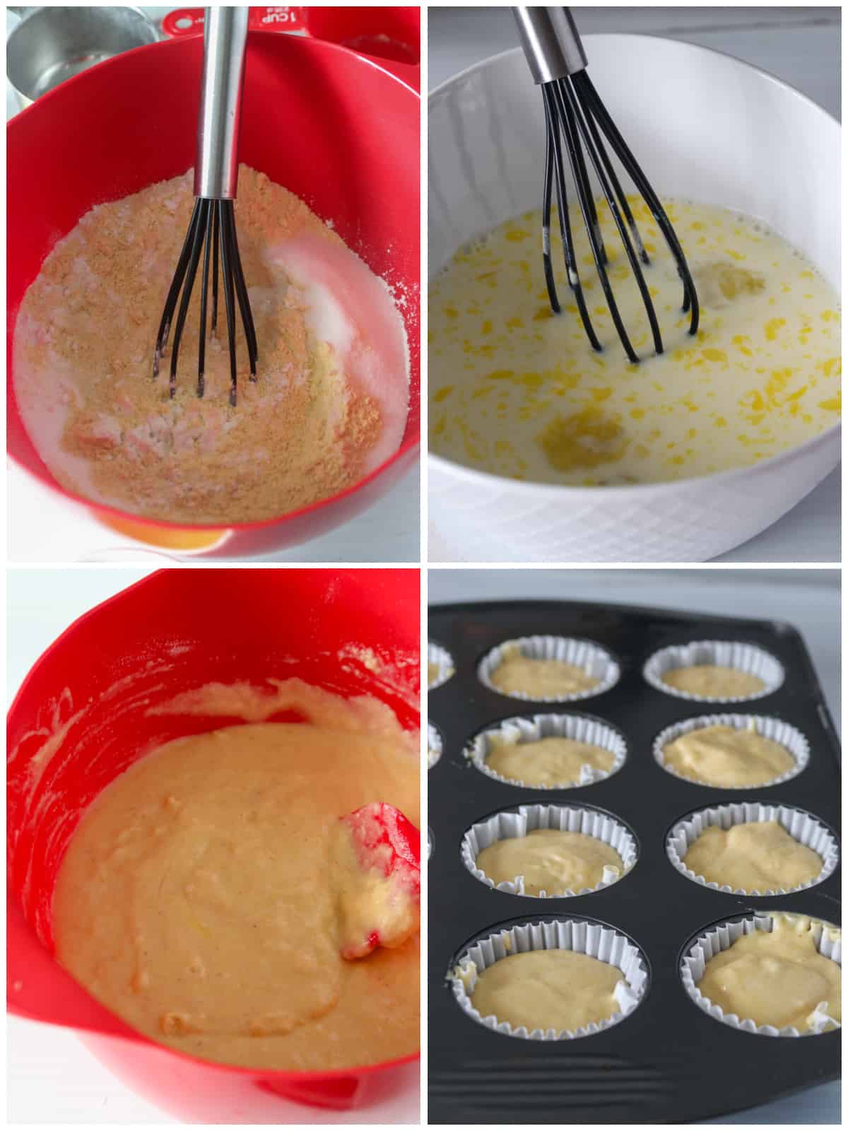 A collage showing the process of mixing the batter of cornbread muffins, with the final photo of the batter spooned and ready in the muffin pan.