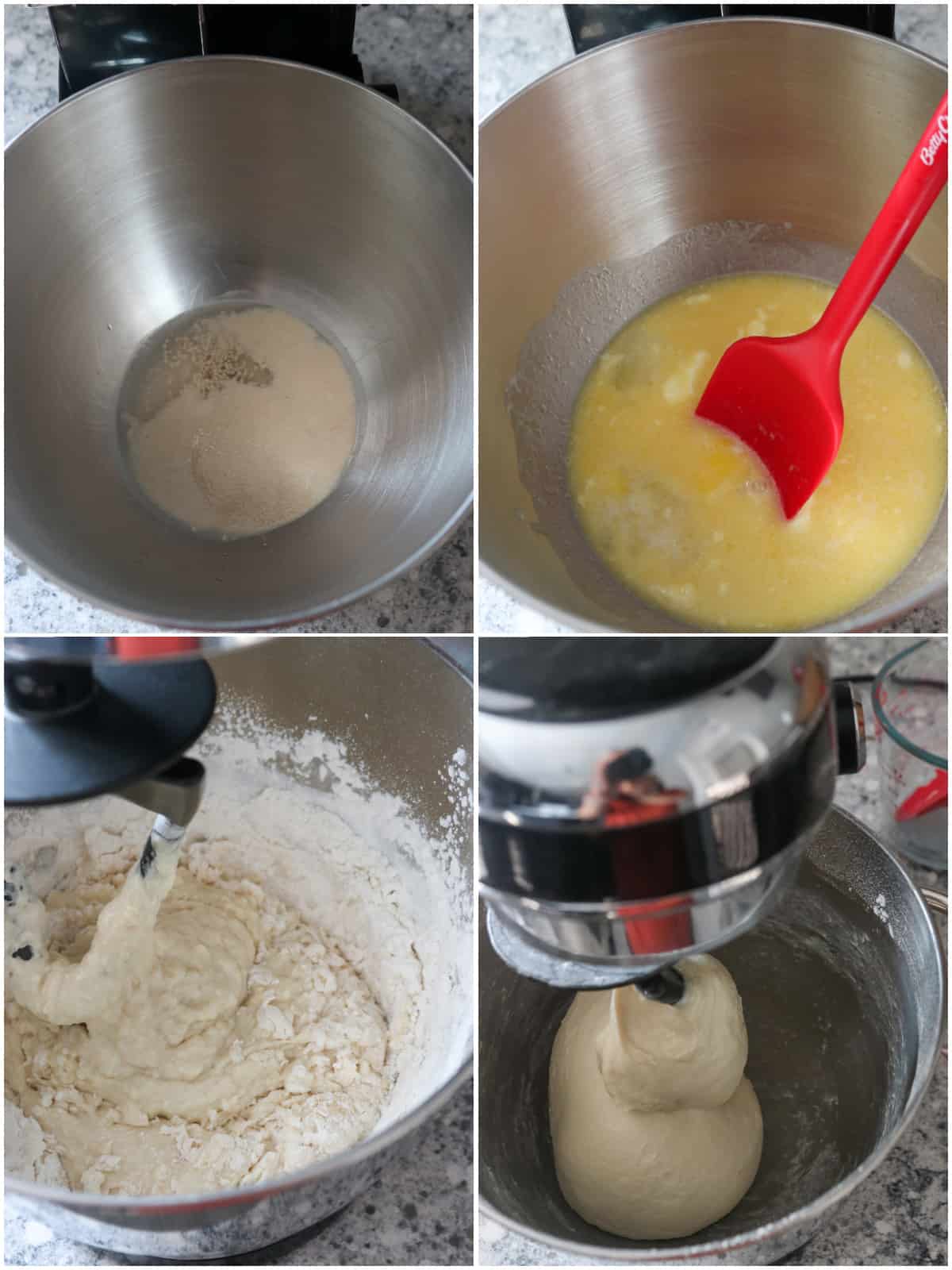 A collage showing how to mix the bread dough in the mixer.