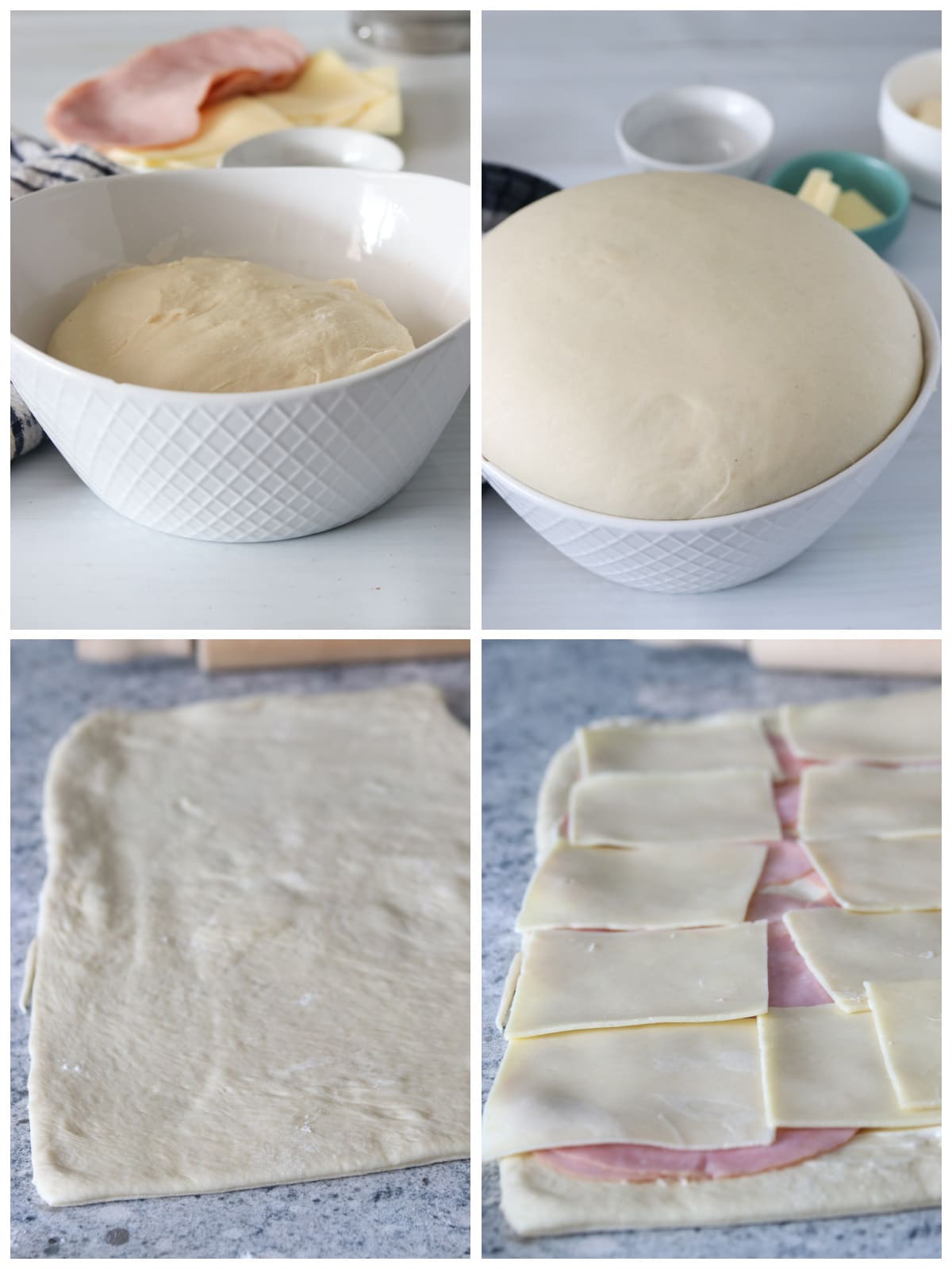 A photo collage showing how the dough was rolled and filled to make ham and cheese rolls.