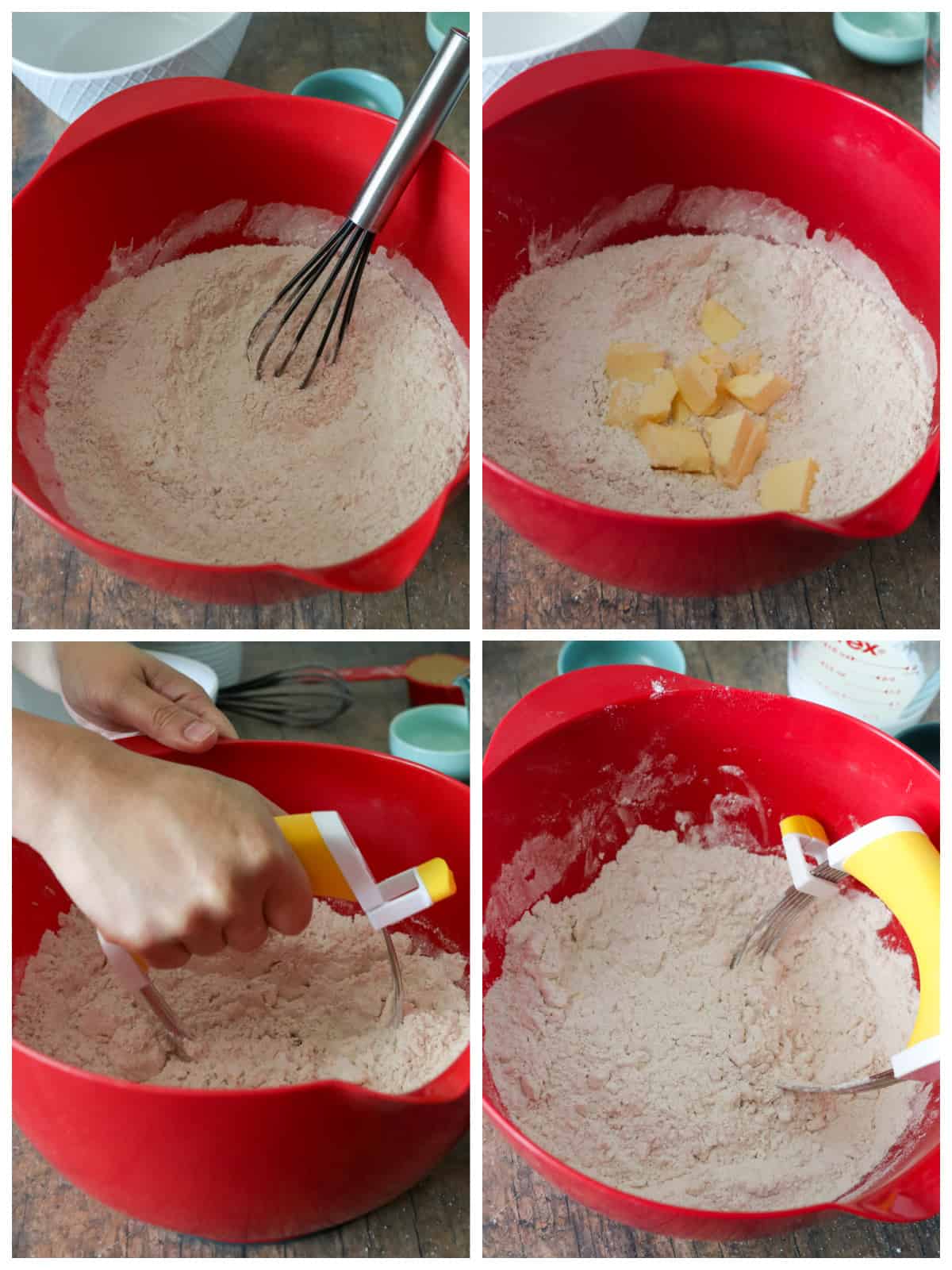 A collage showing mixing the dry ingredients for the scones, then cutting in the butter to yield a coarse mixture.