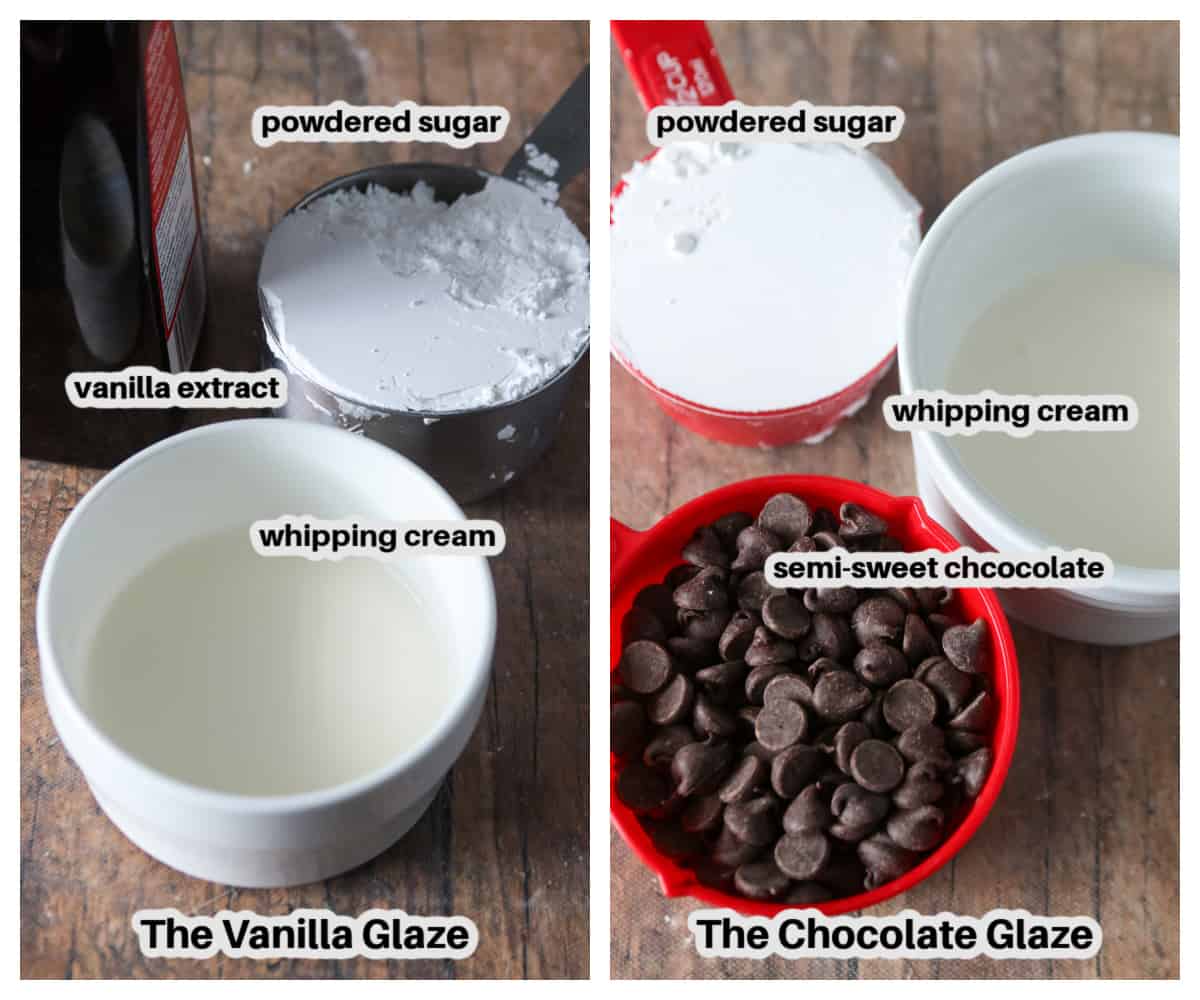 The ingredients for the chocolate and vanilla glazes.
