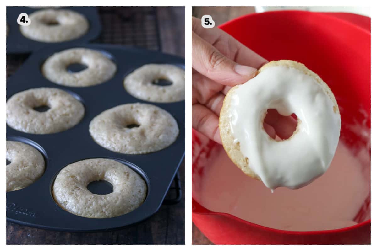 The baked donuts in a pan, and dipping a donut in vanilla glaze.