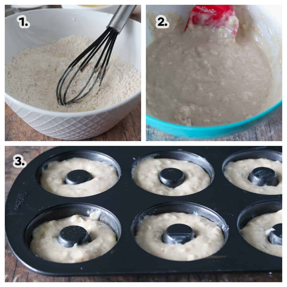 A collage showing the process of making the batter for the baked donuts.