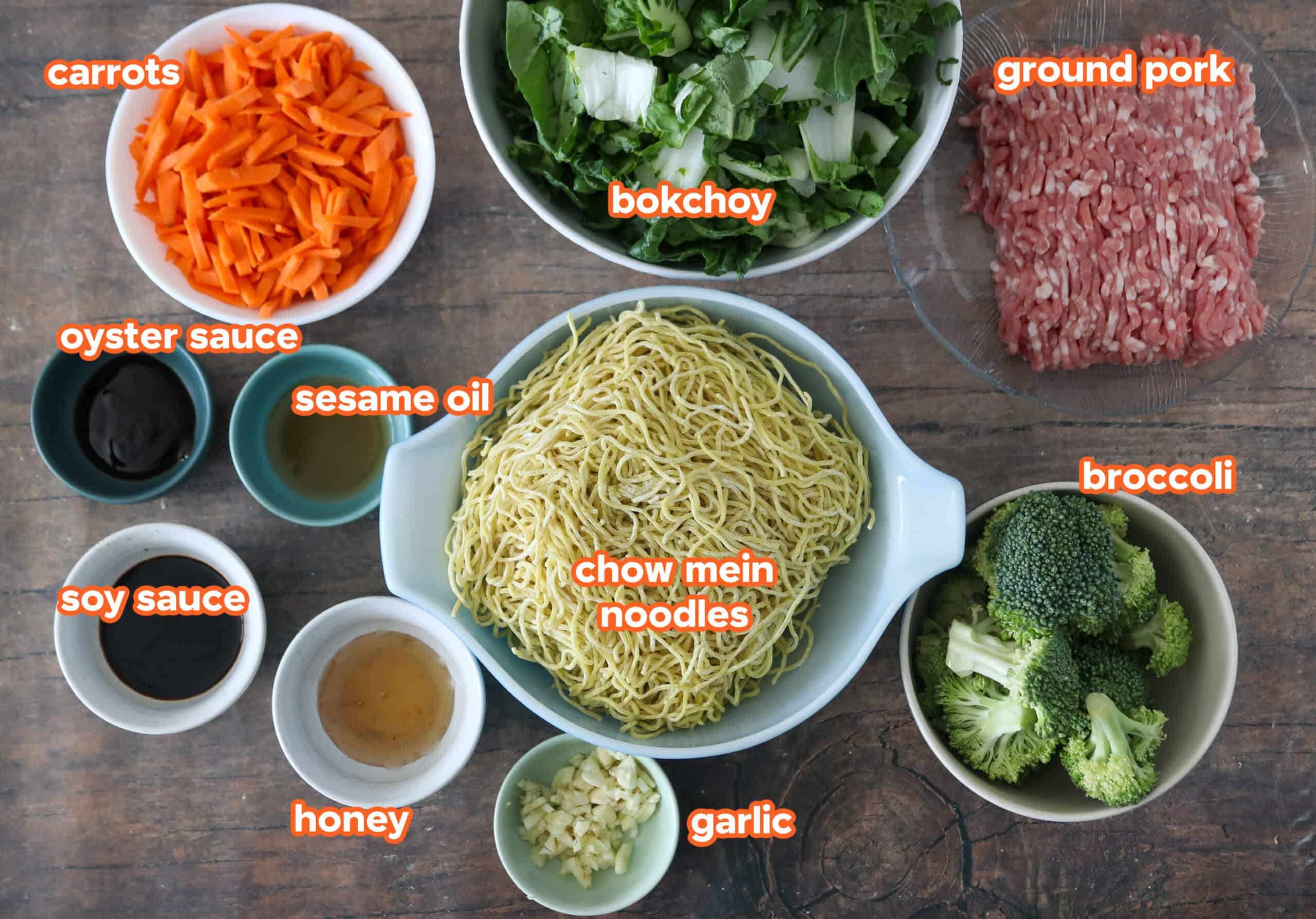 The ingredients for ground pork chow mein.