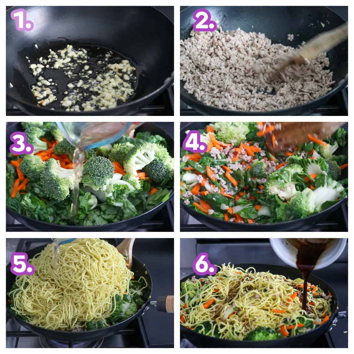 A photo collage showing the step by step process of making Pork Chow Mein.