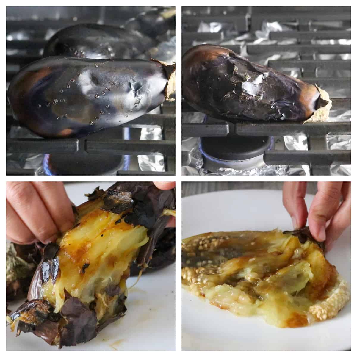A collage showing the process of grilling the eggplants on a gas stove.