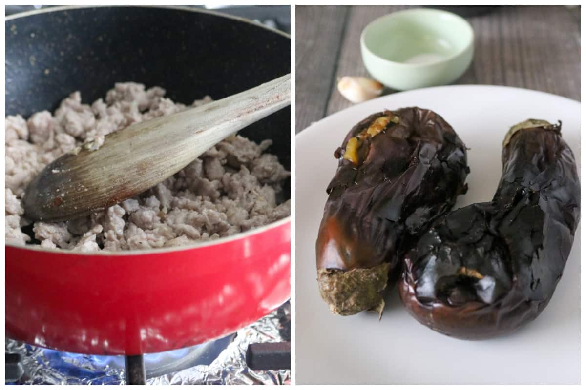 (Left) Cooking the ground pork in pan. (Right) The roasted eggplants on a plate.