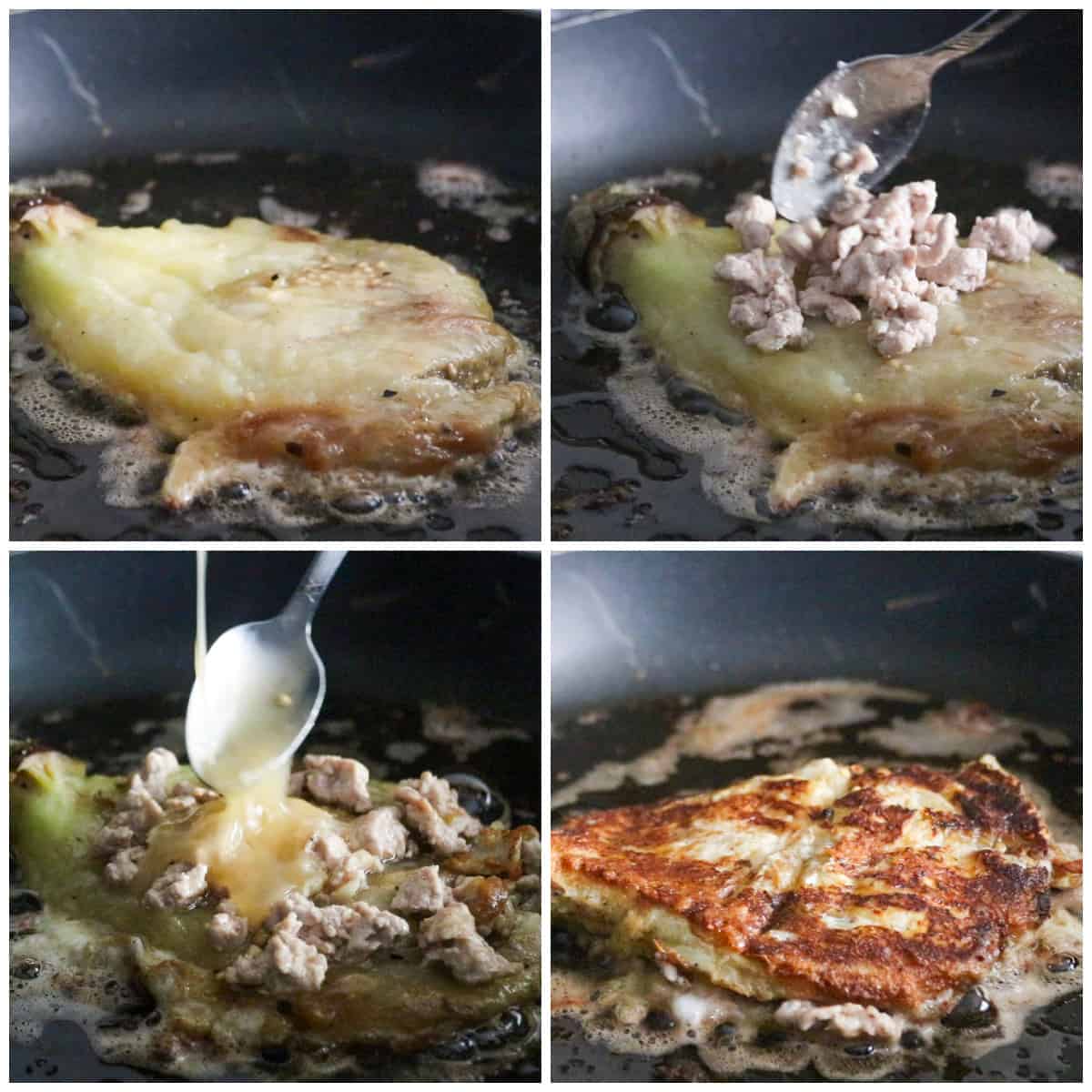 Cooking the tortang talong in a skillet.