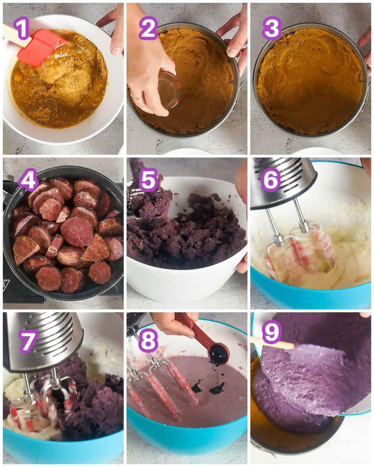 The step by step process of making ube cheesecake.